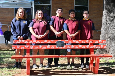 Big Buddy Students with Red Bench